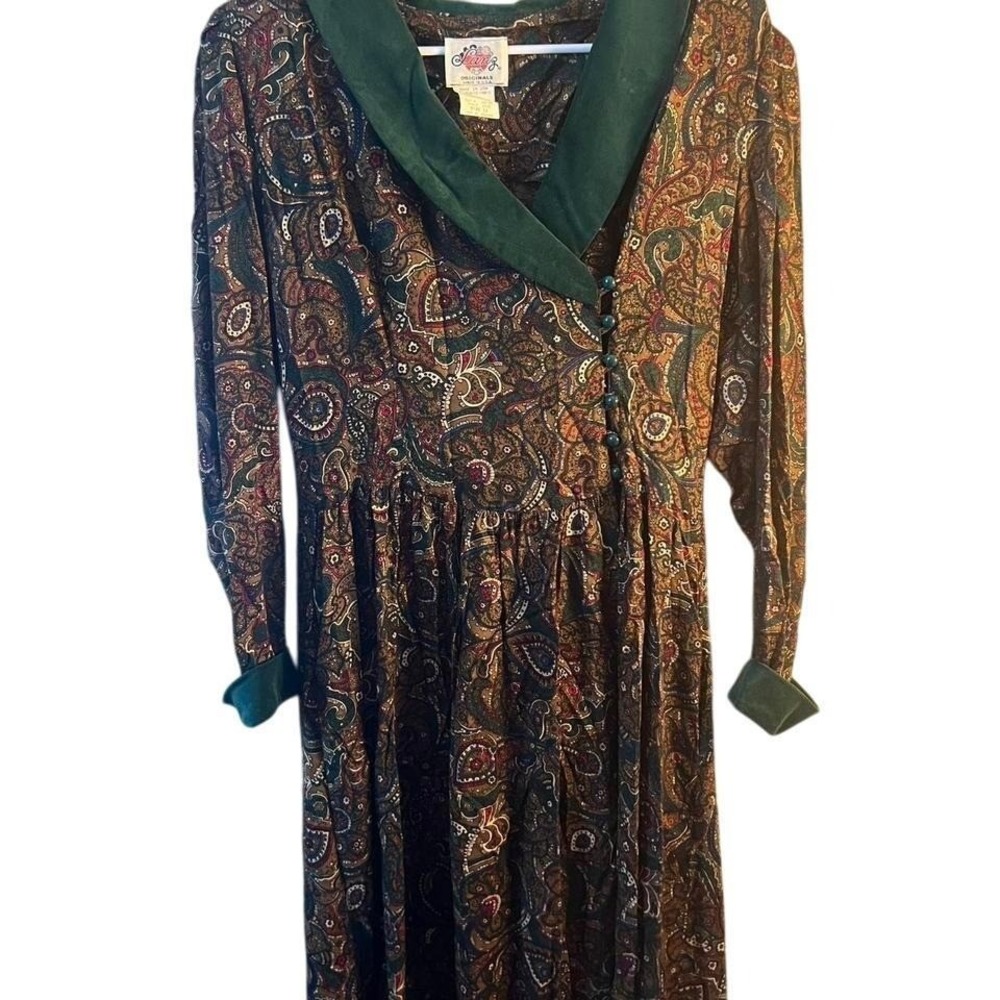 Lanz Originals Vintage Paisley‎ Rayon Dress Green Velvet Collar Size 12